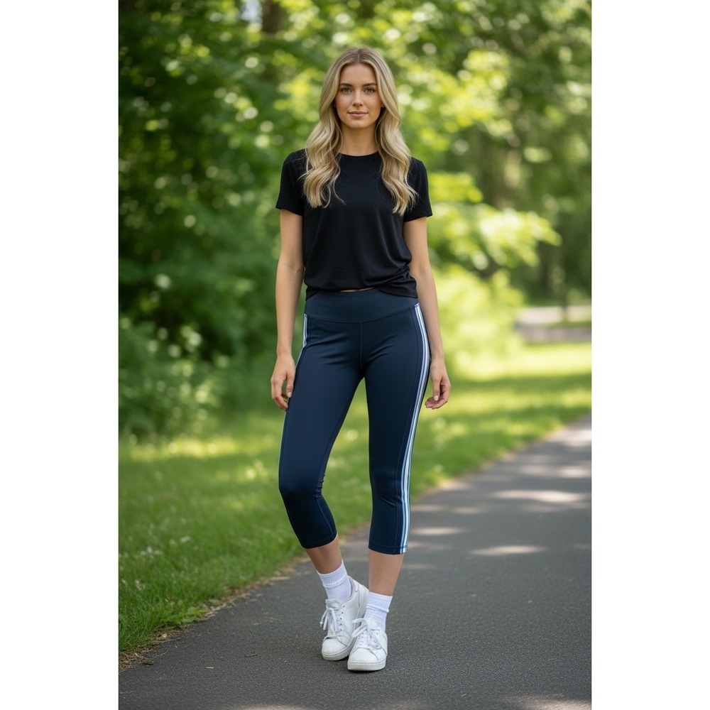 Tory Sport Navy Blue Striped Cropped Leggings Women Small High Rise Capri Pants